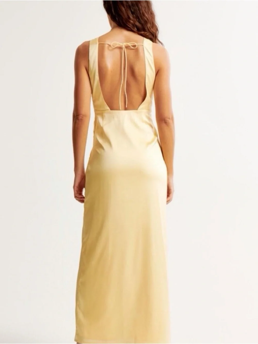 Abercrombie & Fitch Pale Yellow Satin Maxi Dress with Side Slit